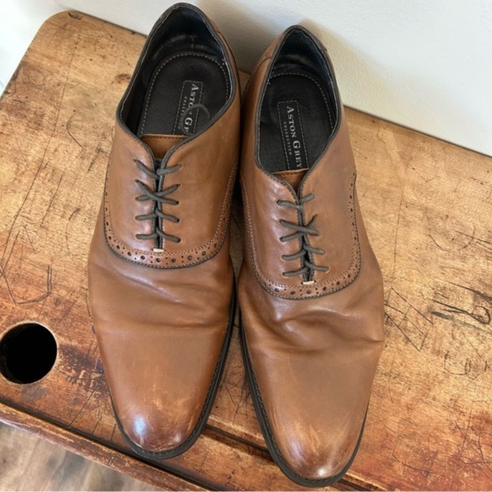 Aston Grey brown leather oxford dress shoes men's sz 12 preworn